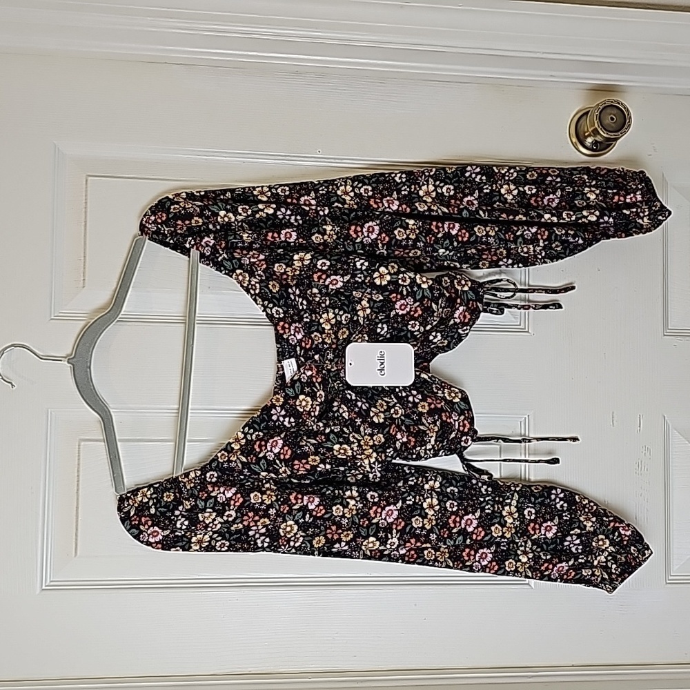 Elodie Floral Black Yellow Pink Elasticized Off Shoulder Rucshed Side Tie Top S - Picture 2 of 13